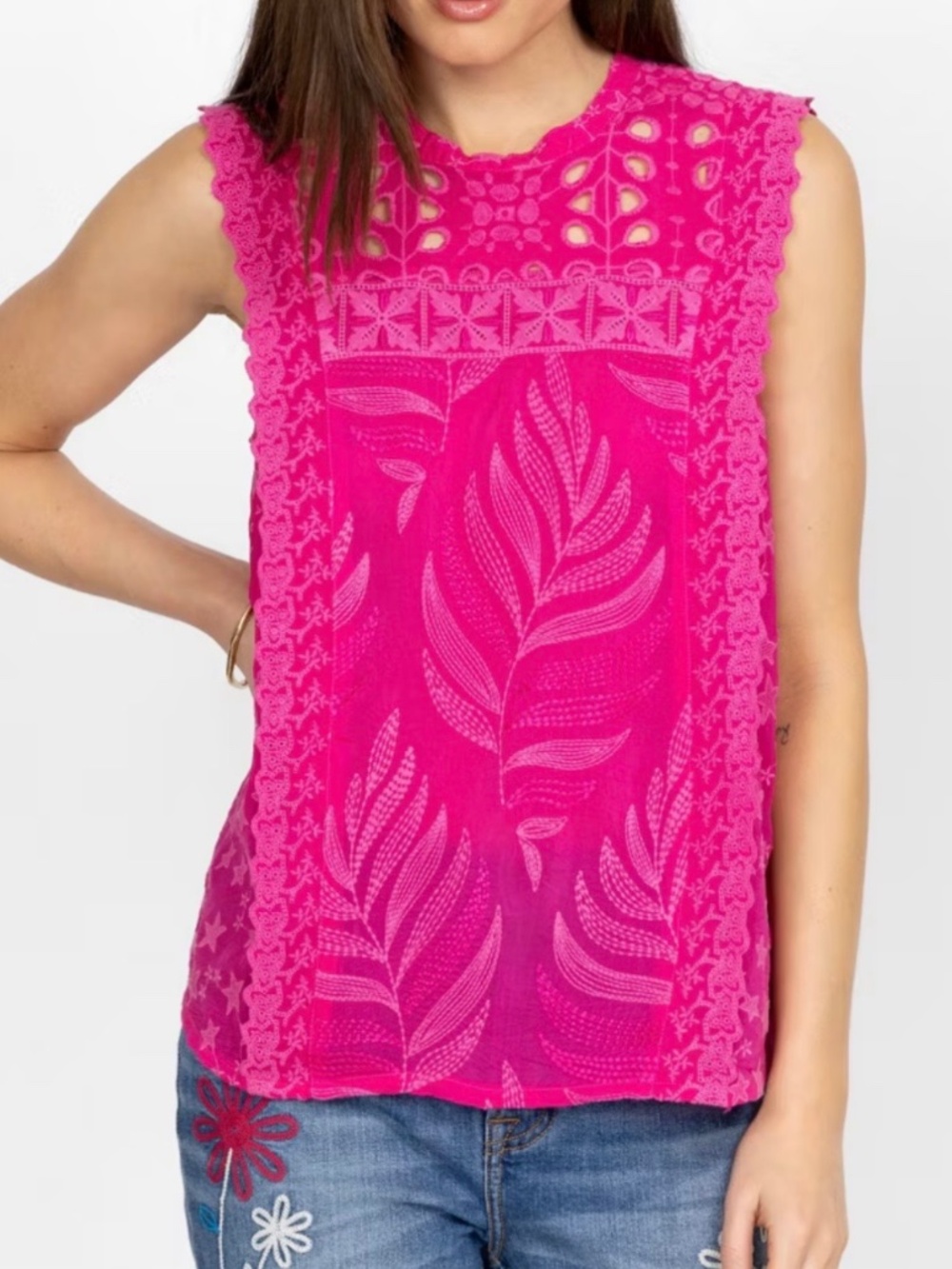 JOHNNY WAS XS Leafy Concetta Pink Embroidered Sleeveless Blouse MSRP $248!